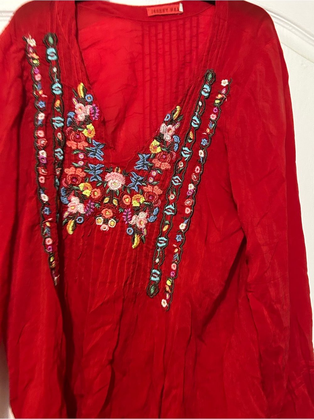 Johnny Was Red Embellished Tie Sleeve Blouse